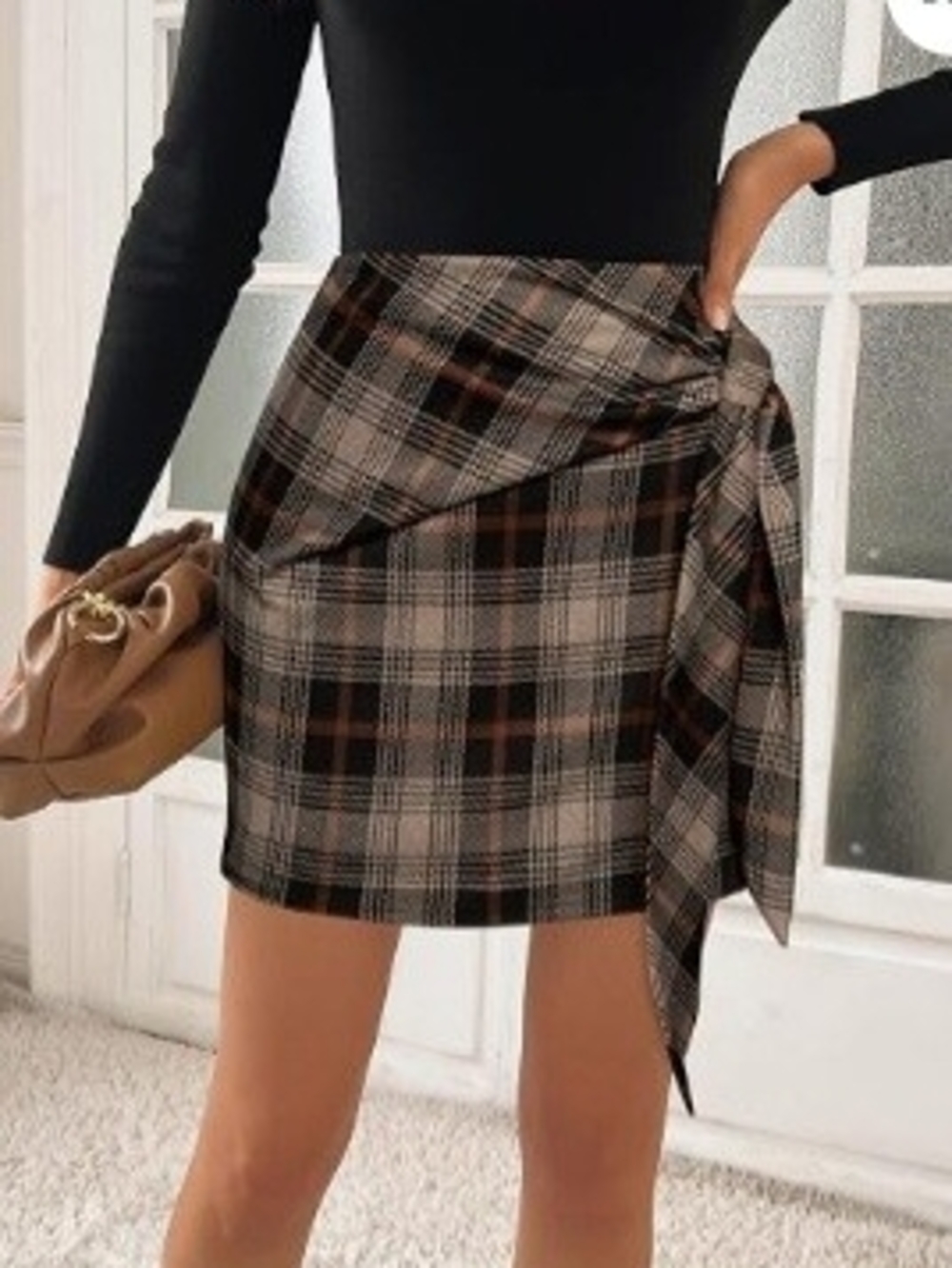 Plaid Tie-Side Mini Skirt - Brown/Black Plaid